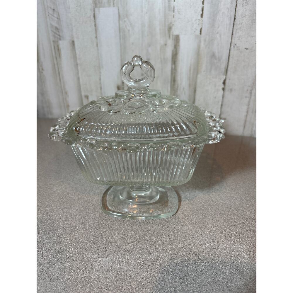 Vintage Indian Depression‎ Clear Lace Footed Candy Dish w/lid